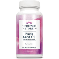 HTG106 | Heritage Store Black Seed Oil dietary supplement bottle, 90 capsules, vegan & cold-pressed