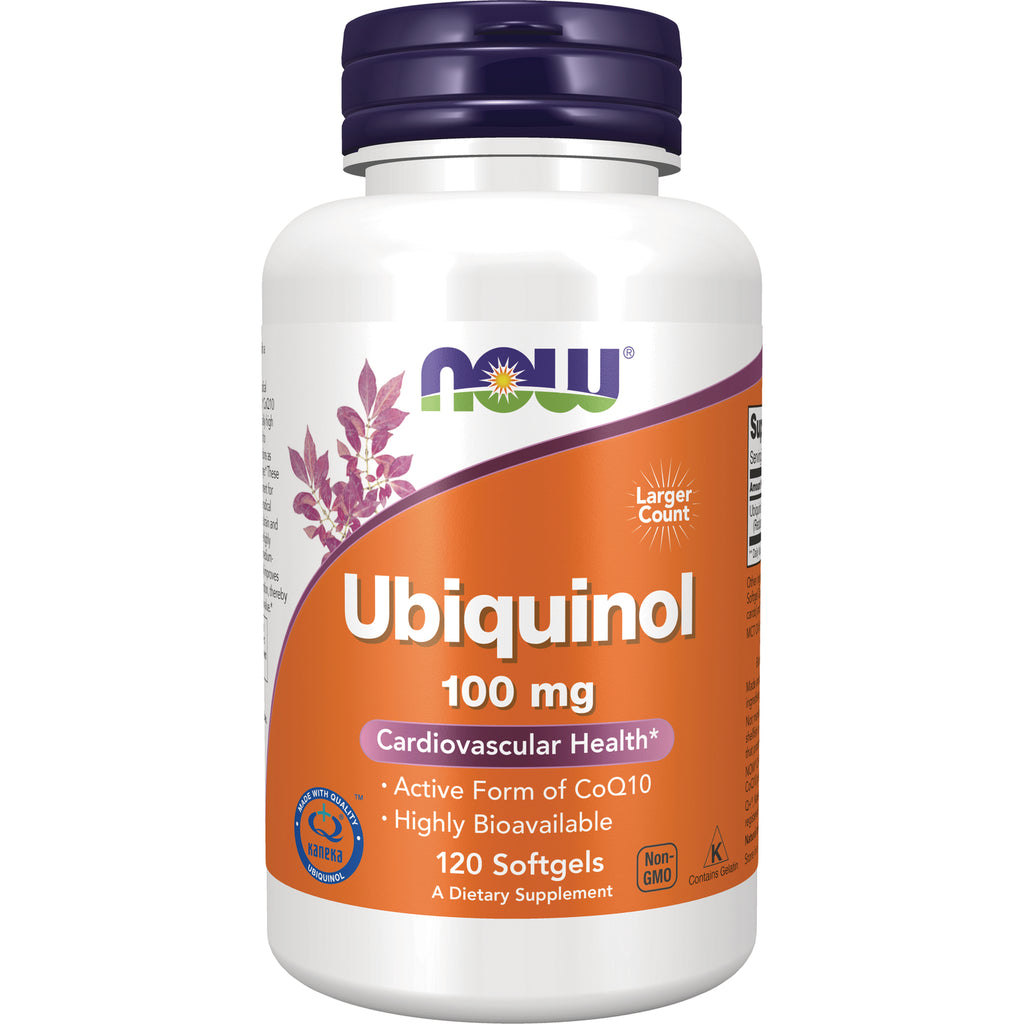 NWF1316 | White bottle of NOW Ubiquinol 100 mg softgels with orange label stating Cardiovascular Health and 120 Softgels - Thumbnail
