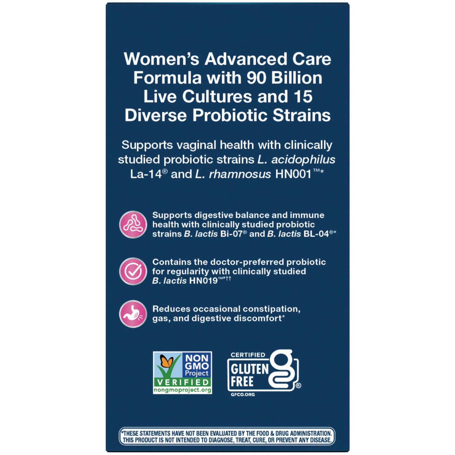 NW853 | Product infographic showing women's probiotic: 90B live cultures, 15 strains, benefits, Non-GMO and gluten-free logos