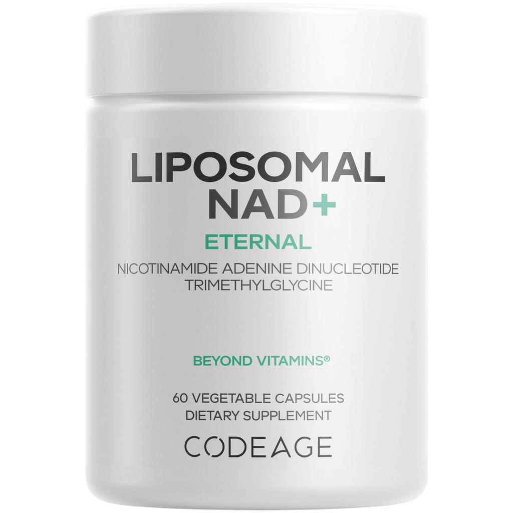 CDG067 | Front view of white Codeage Liposomal NAD+ Eternal bottle labeled 60 vegetable capsules dietary supplement - Thumbnail