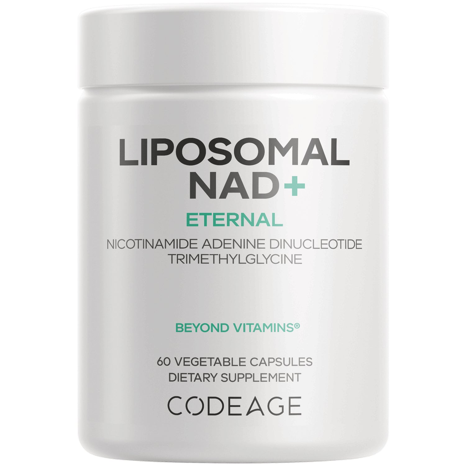 CDG067 | Front view of white Codeage Liposomal NAD+ Eternal bottle labeled 60 vegetable capsules dietary supplement