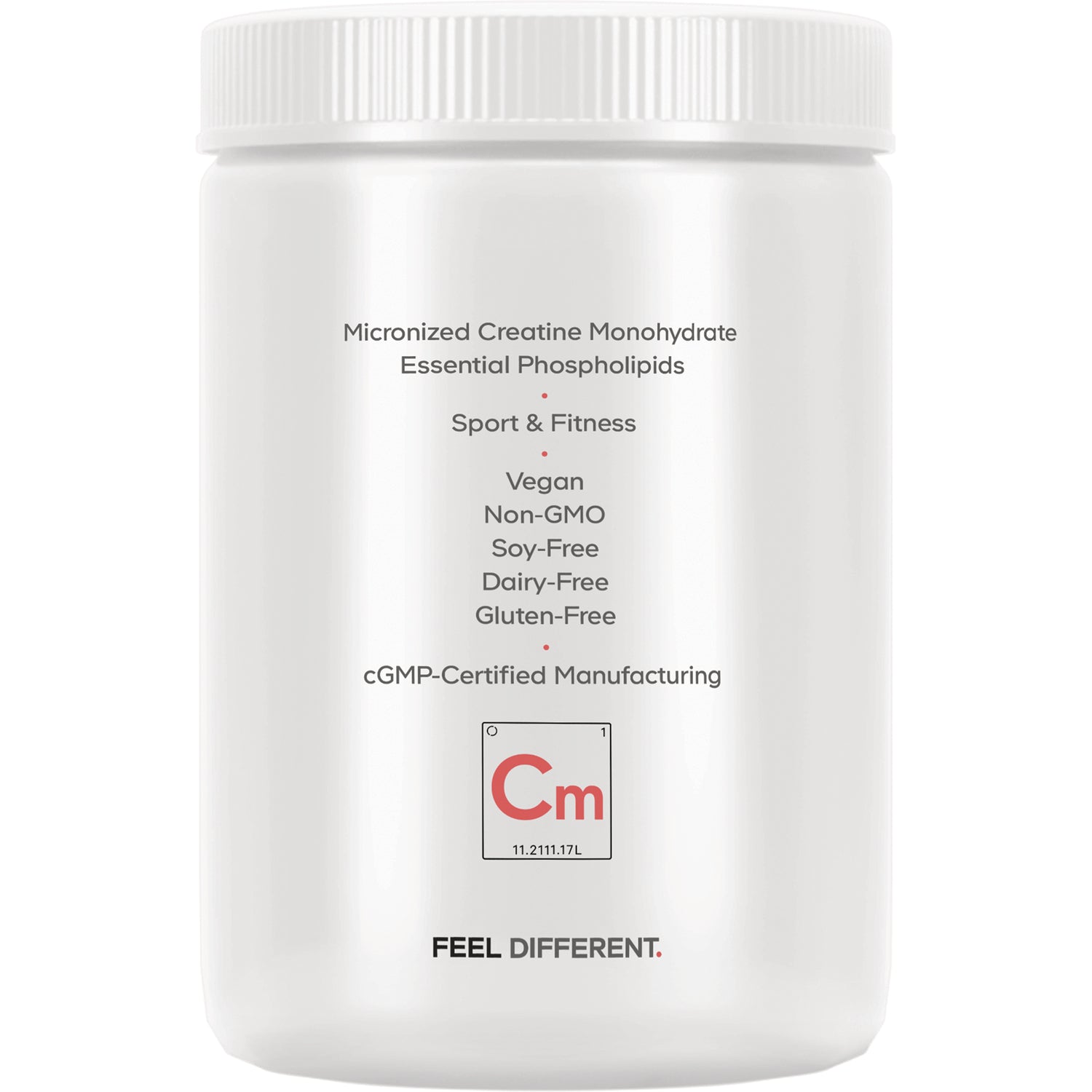 CDG004 | Back label listing benefits and certifications: Micronized Creatine Monohydrate, Vegan, Non-GMO, Soy-Free, Dairy-Free, Gluten-Free, cGMP-Certified