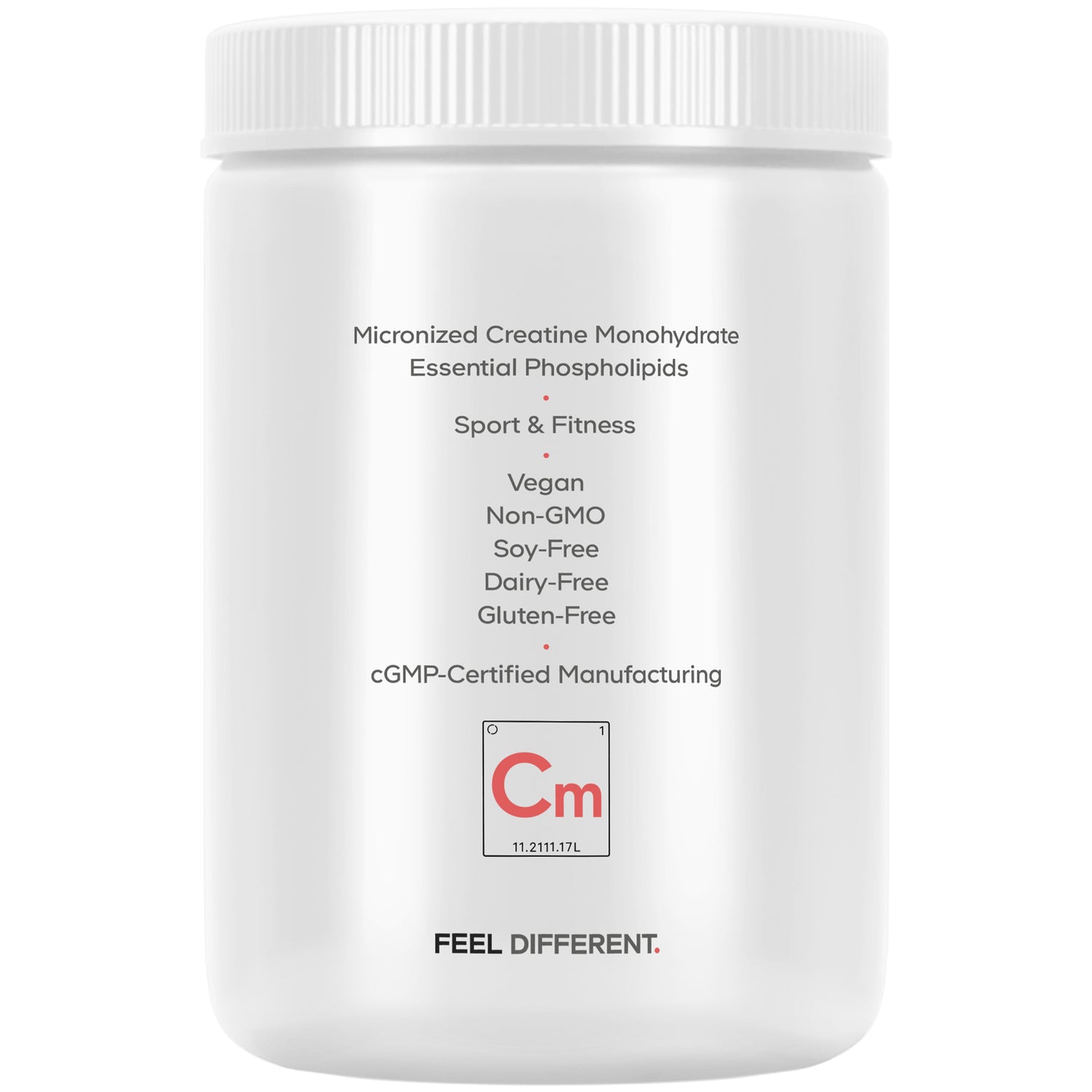 CDG004 | Back label listing benefits and certifications: Micronized Creatine Monohydrate, Vegan, Non-GMO, Soy-Free, Dairy-Free, Gluten-Free, cGMP-Certified