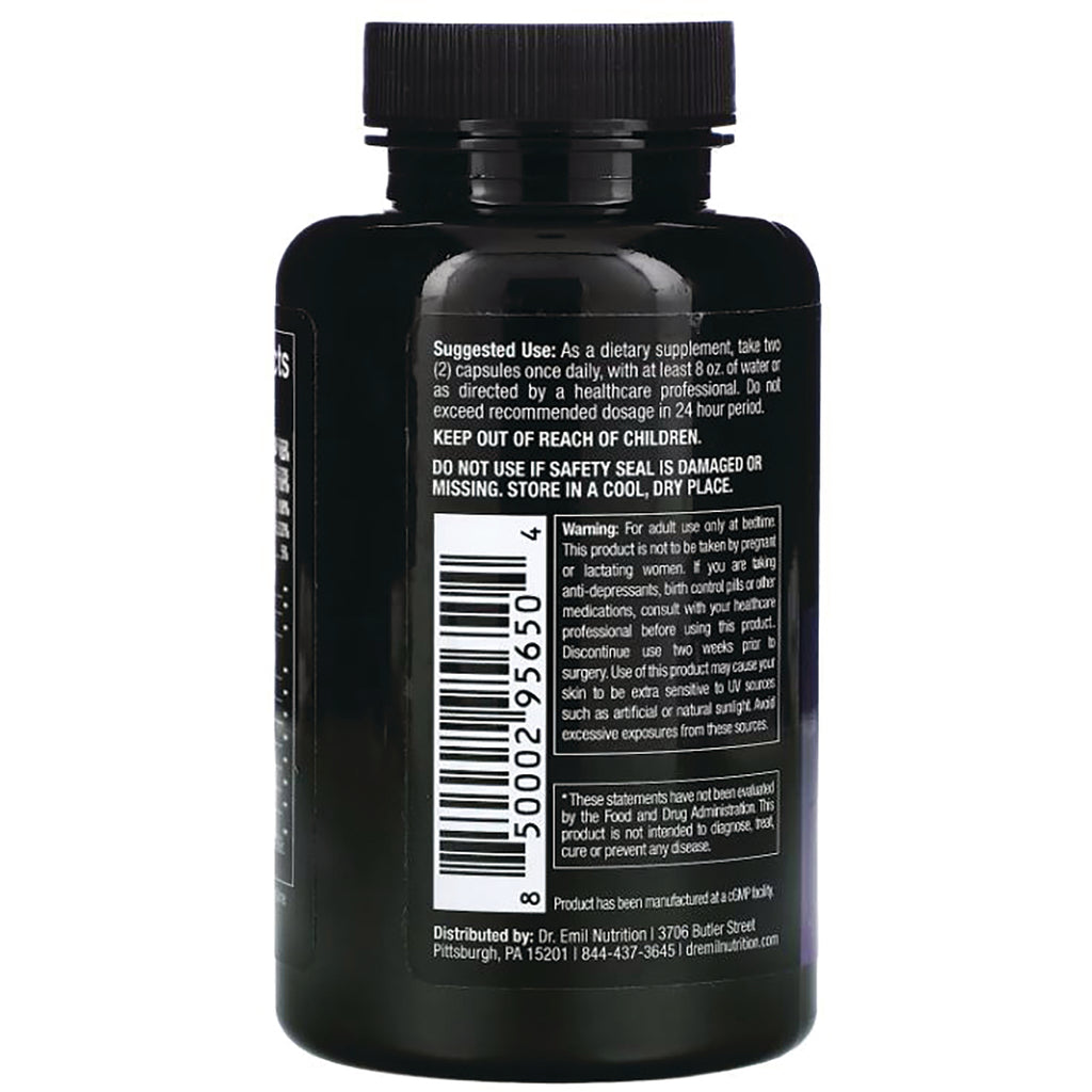 DRE005 | back label of black supplement bottle showing suggested use, warnings, barcode and small text - Thumbnail