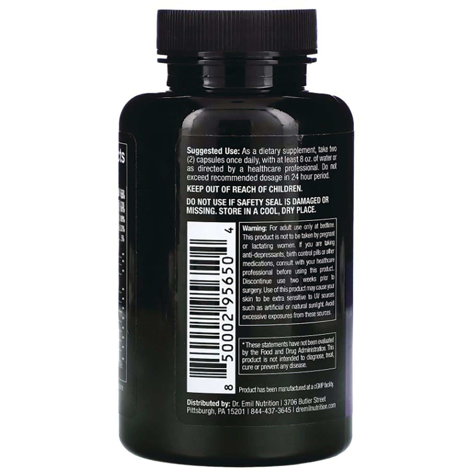 DRE005 | back label of black supplement bottle showing suggested use, warnings, barcode and small text