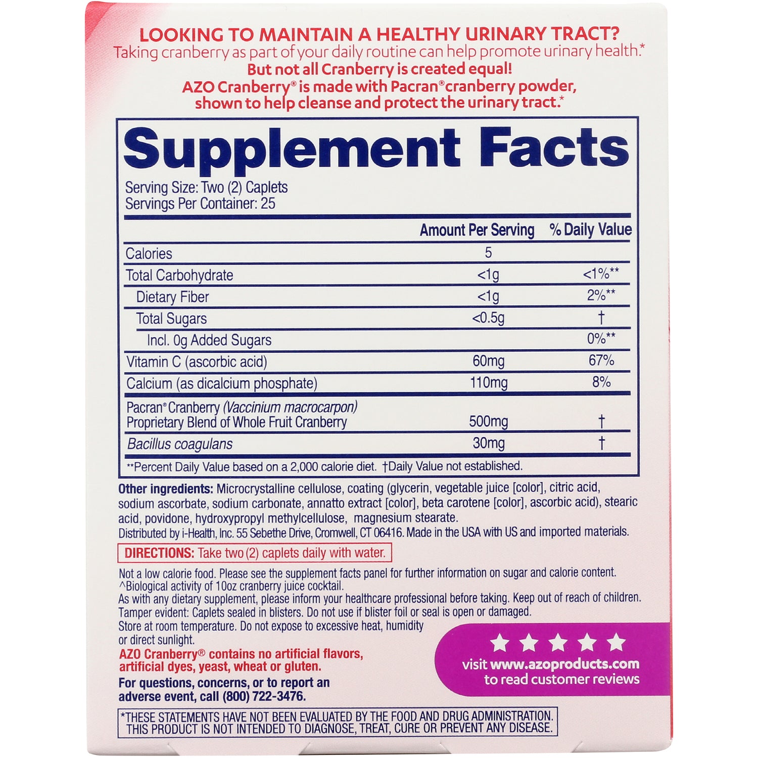 AMF002 | AZO Cranberry back label with Supplement Facts, directions, and other ingredients