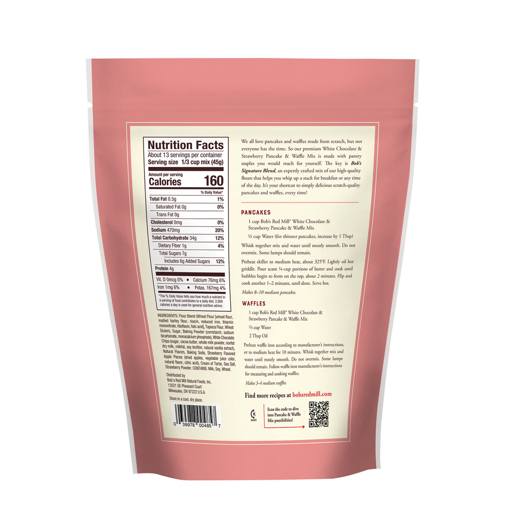 BOB490 | Back of pink pouch showing Nutrition Facts panel, ingredients, pancake and waffle recipes, and barcode - Thumbnail