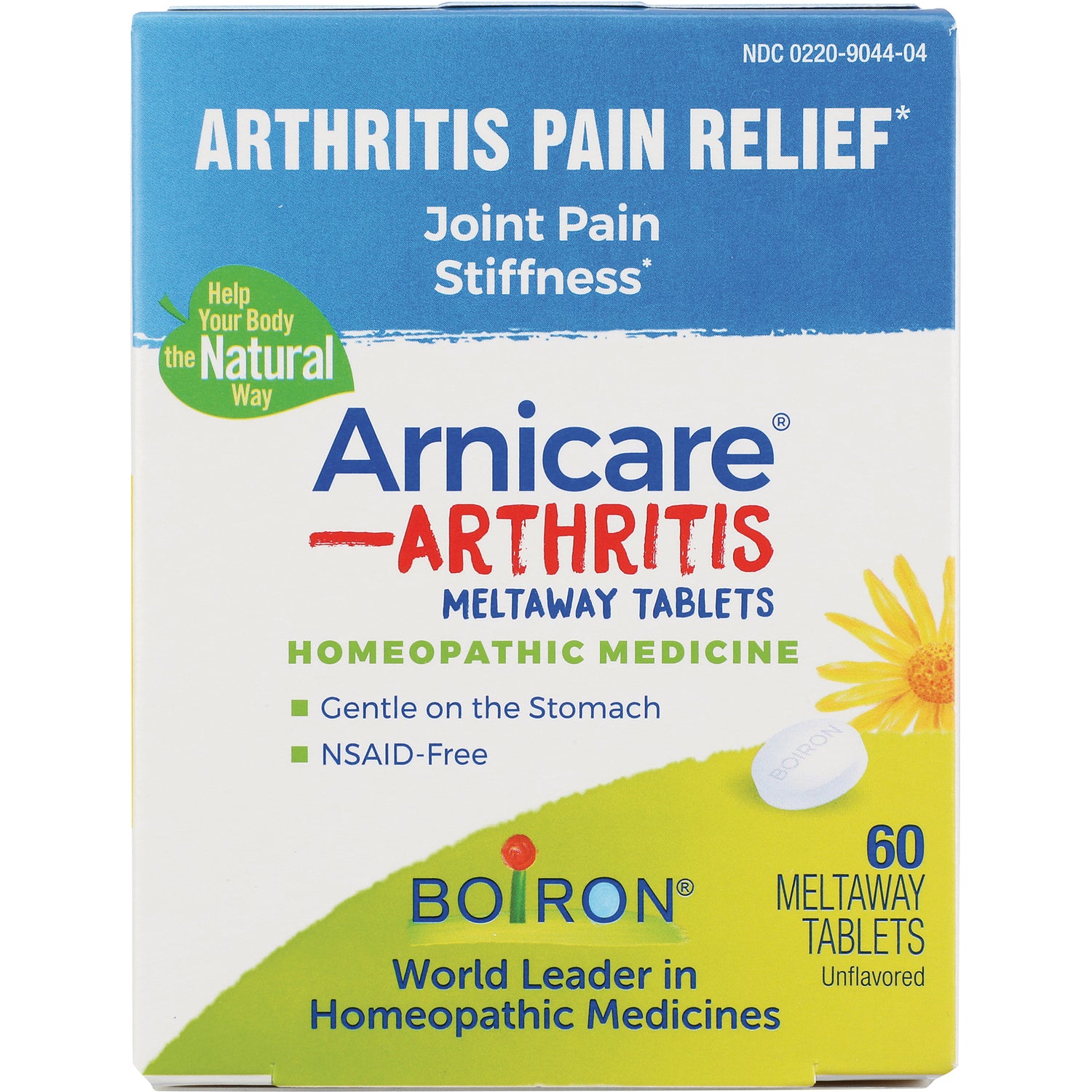 BRN038 | Front of Arnicare Arthritis meltaway tablets box showing homeopathic medicine, 60 tablets