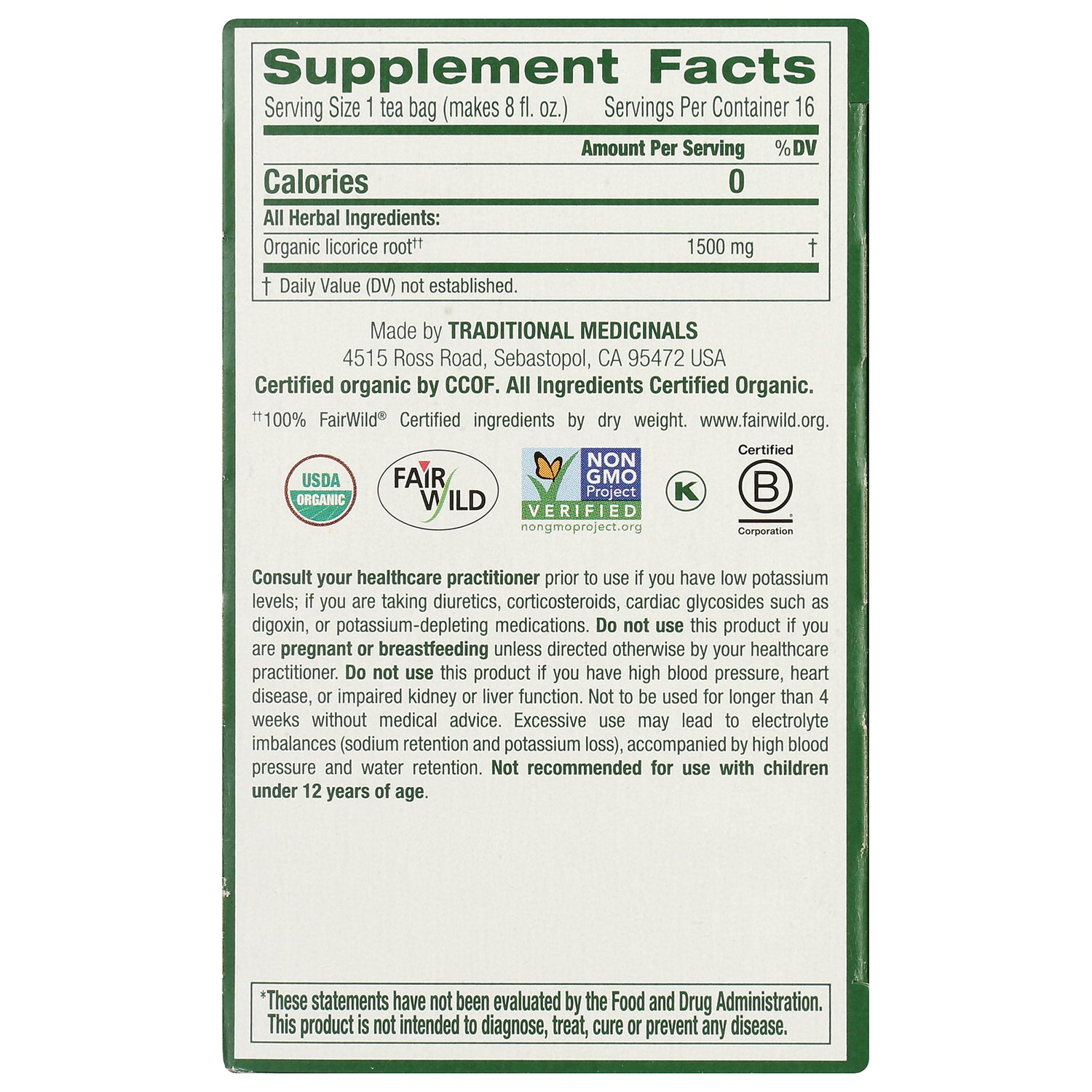 TMD023 | Back label with Supplement Facts, organic licorice root 1500 mg, and certification icons