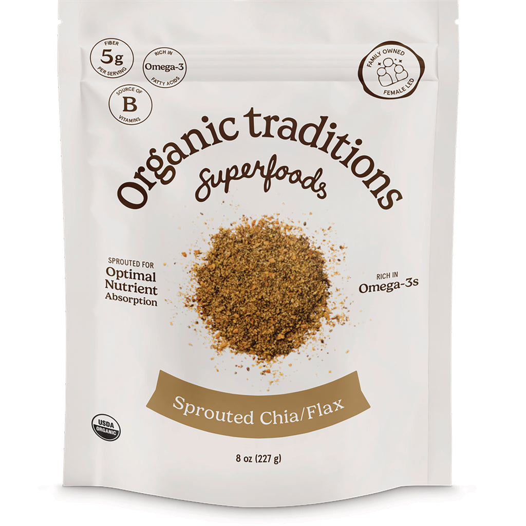 OTR086 | Organic Traditions Sprouted Chia/Flax pouch front showing product mound and USDA Organic seal - Thumbnail