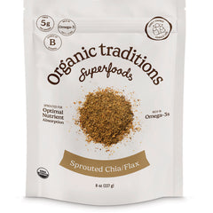 OTR086 | Organic Traditions Sprouted Chia/Flax pouch front showing product mound and USDA Organic seal