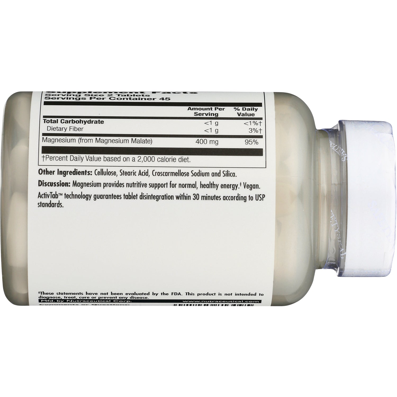 KL469 | back of magnesium supplement bottle showing nutrition facts table listing Magnesium 400 mg and ingredients