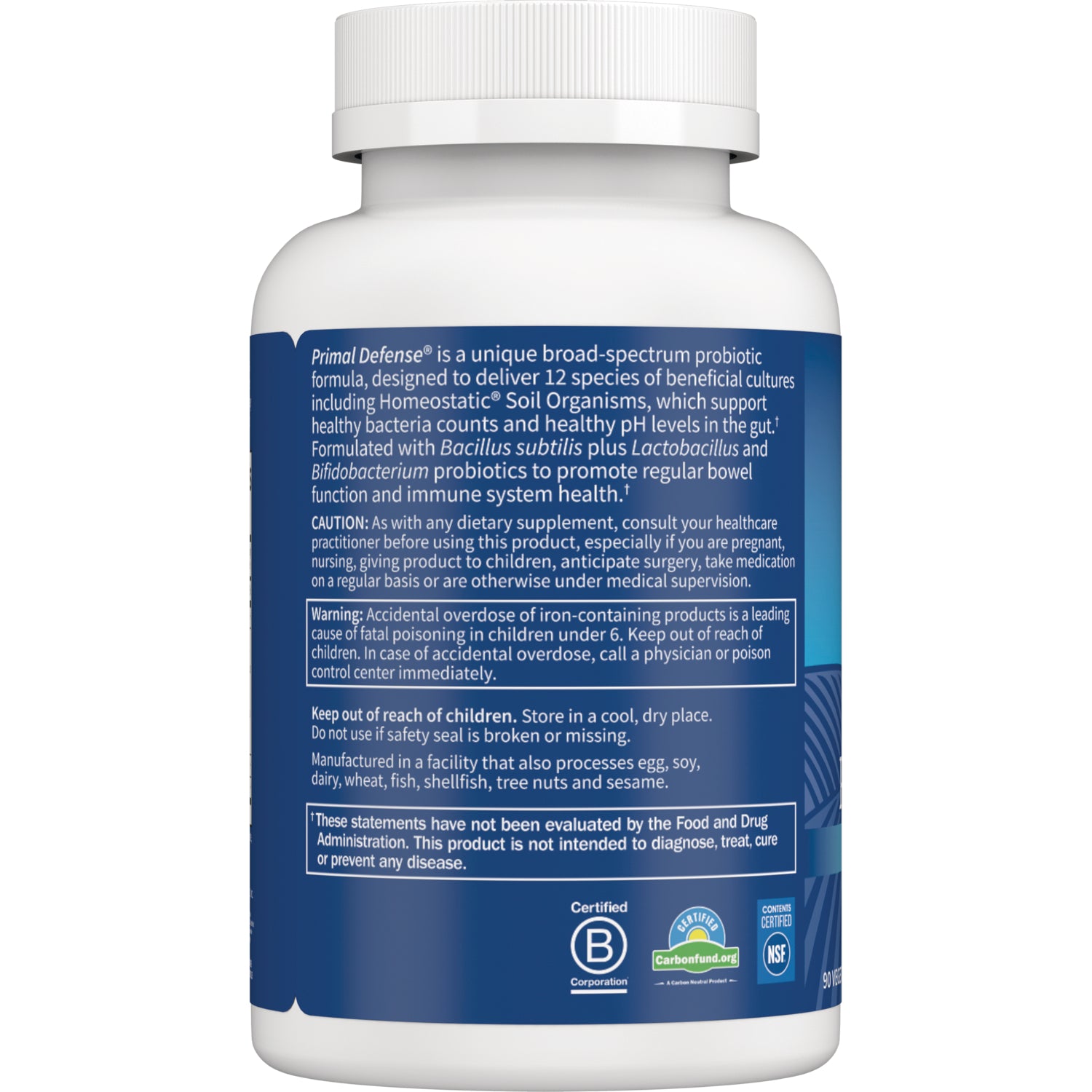 GLF004 | Back label of white supplement bottle showing Primal Defense text, warnings, storage instructions, and certification logos