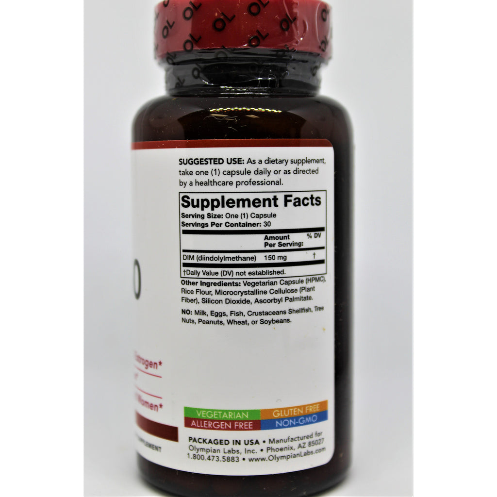 OL094 | supplement facts label on brown bottle showing DIM 150 mg, ingredients and vegetarian gluten free non-GMO icons - Thumbnail