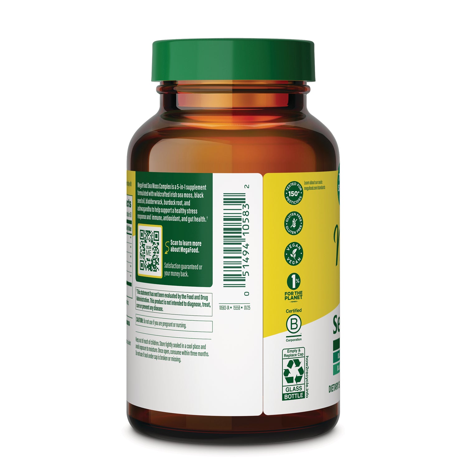 MGF147 | back label of amber supplement bottle showing barcode, QR code, ingredient panel and certification icons