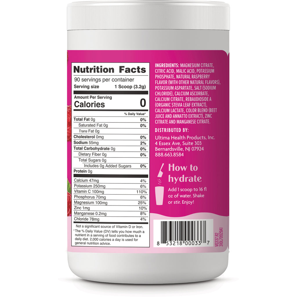 UHP019 | Back of supplement canister with Nutrition Facts, ingredients, barcode, and 'How to hydrate' directions - Thumbnail