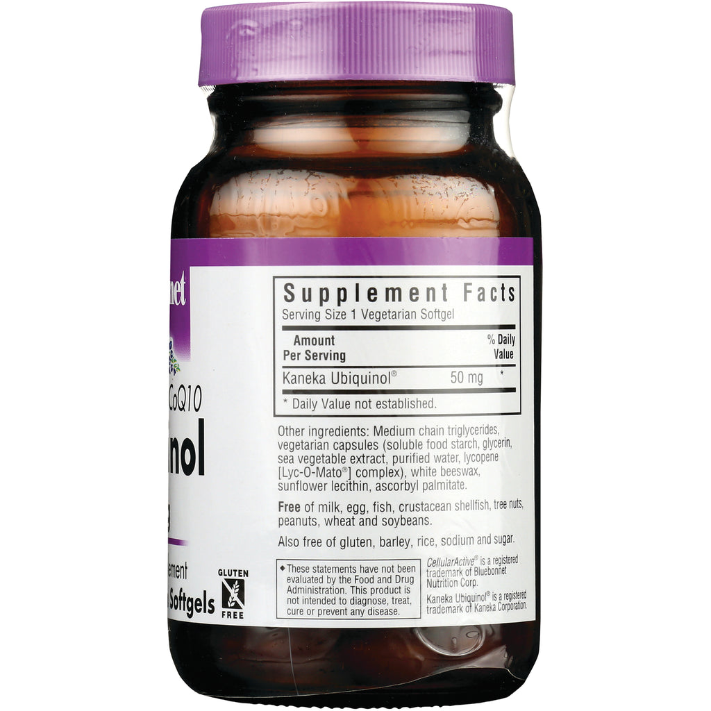 BLU064 | Back label showing Supplement Facts panel with Kaneka Ubiquinol 50 mg, ingredient list and gluten free icon on brown bottle - Thumbnail