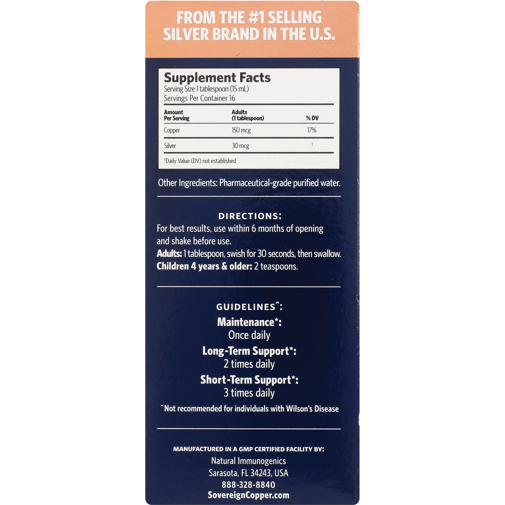 SSL012 | Back panel showing Supplement Facts, serving size 1 tbsp, copper 150 mcg, silver 30 mcg, directions for use - Thumbnail