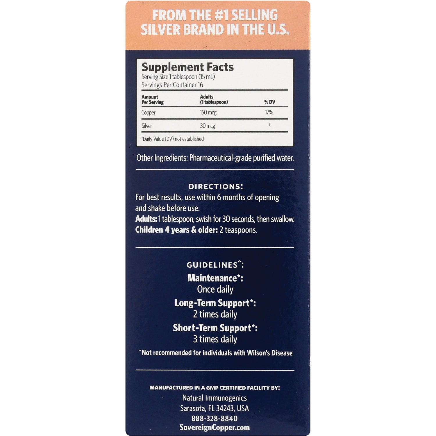 SSL012 | Back panel showing Supplement Facts, serving size 1 tbsp, copper 150 mcg, silver 30 mcg, directions for use