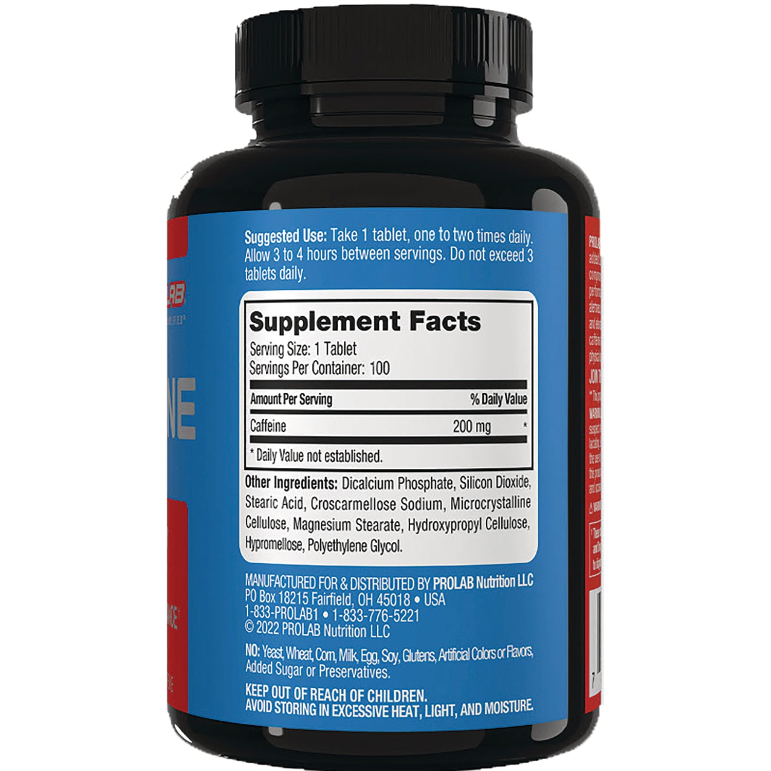 PRL027 | back label showing Supplement Facts panel with serving size 1 tablet and caffeine 200 mg