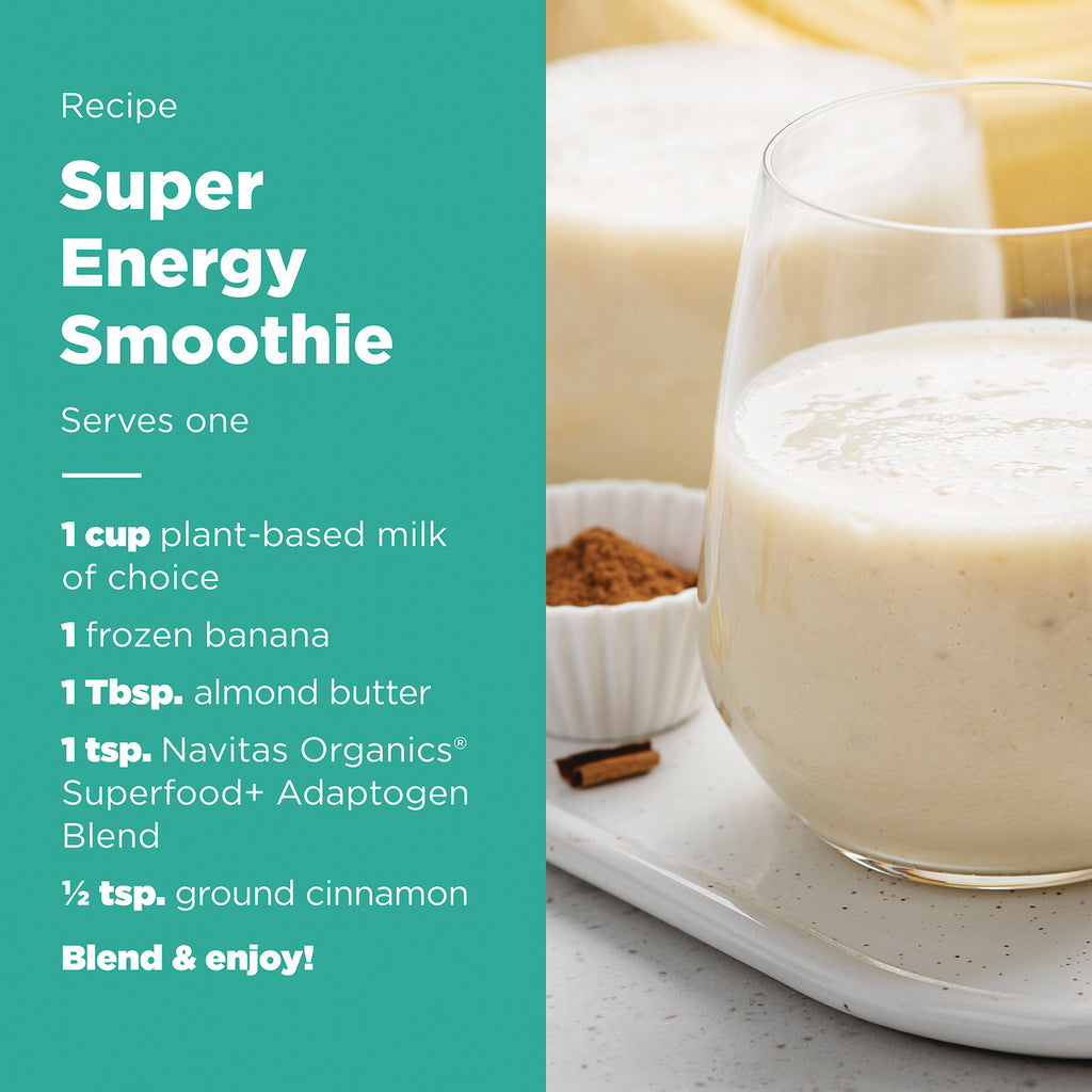 NAV070 | Super Energy Smoothie recipe panel listing ingredients beside a glass of smoothie - Thumbnail