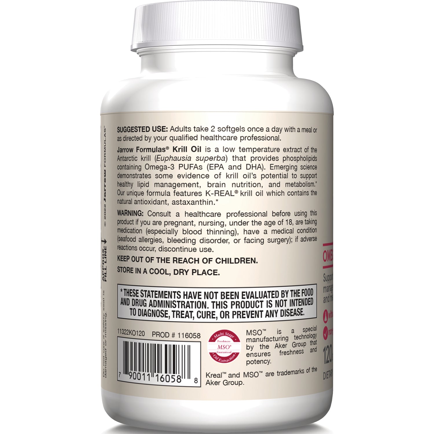 JR342 | Back label of white supplement bottle showing suggested use, warning text, and barcode