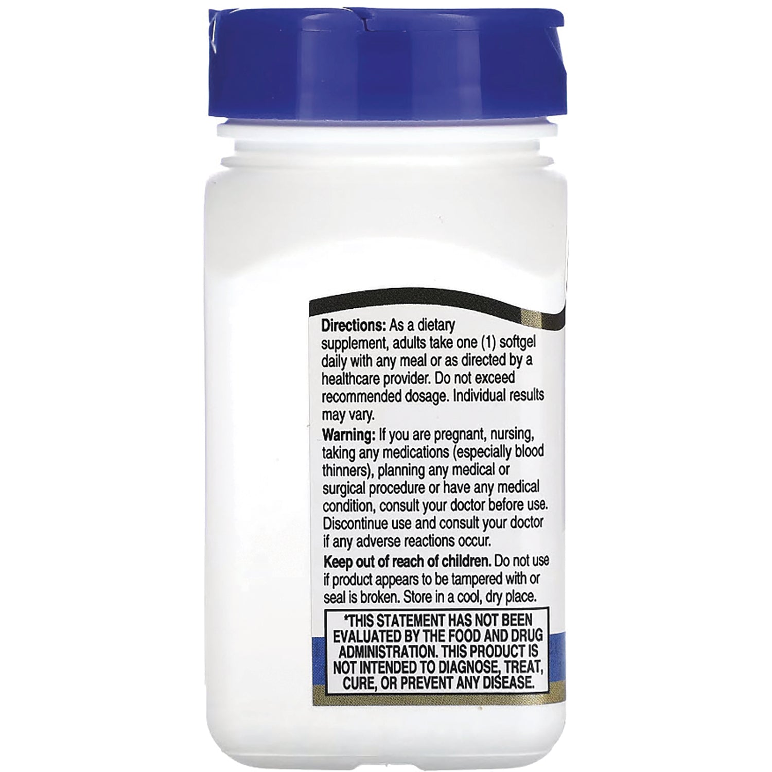 CNT111 | Back of white supplement bottle with blue cap showing directions, warnings, and FDA disclaimer