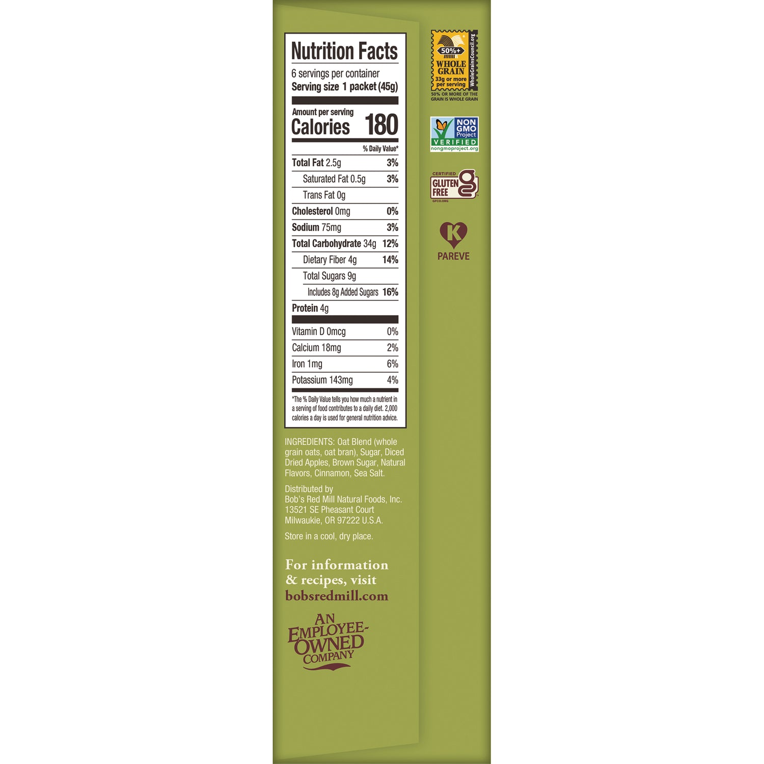 BOB486 | Back panel showing Nutrition Facts table, ingredients, certifications, and company website