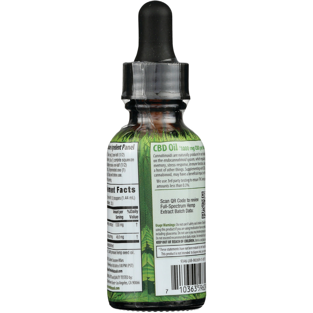 IR179 | Back of green CBD Oil dropper bottle showing ingredient panel, nutrition facts, QR code and barcode - Thumbnail