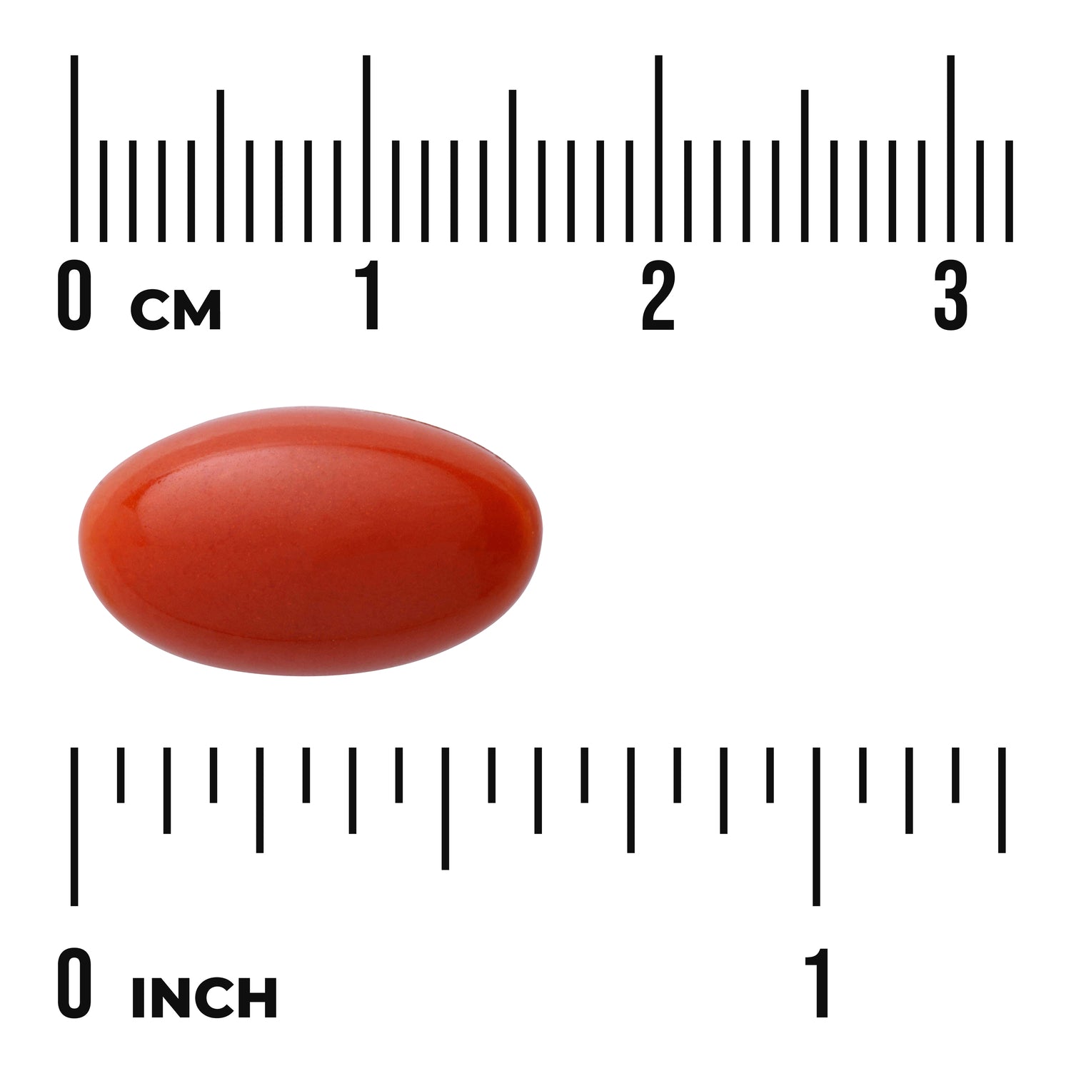 SWU981 | Red oval softgel with size scale, rulers labeled 0 cm and 0 inch