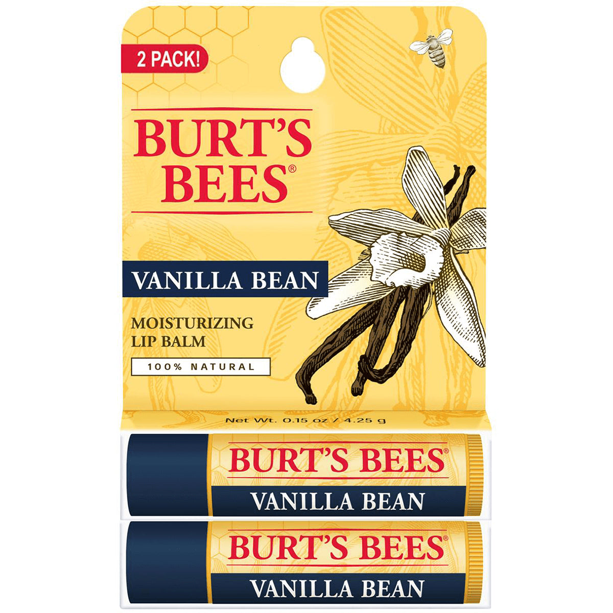 BTB319 | Burt's Bees Vanilla Bean moisturizing lip balm two-pack with BURT'S BEES branding and vanilla illustration