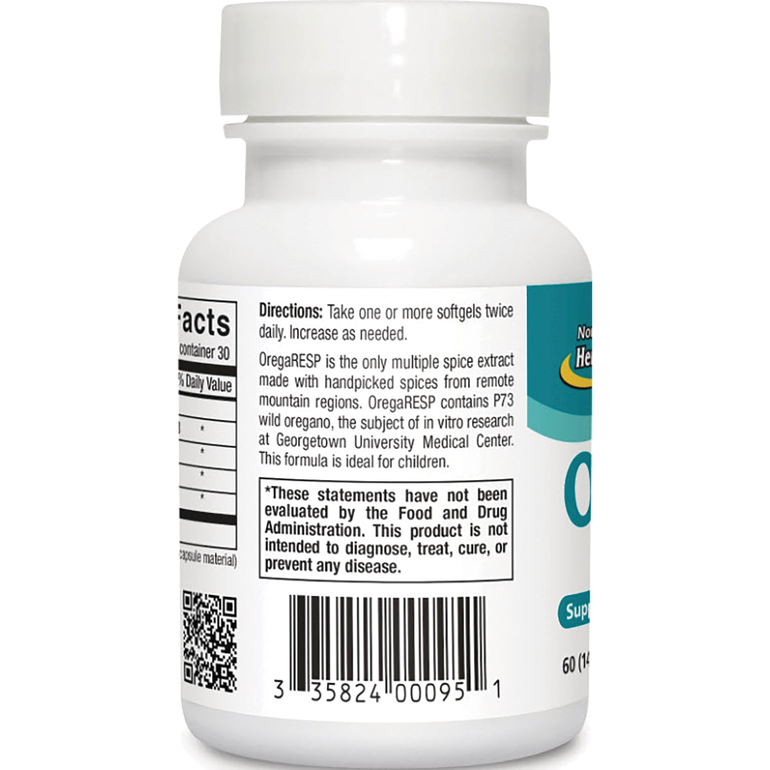 NHS058 | back label of white supplement bottle showing directions, FDA disclaimer and barcode