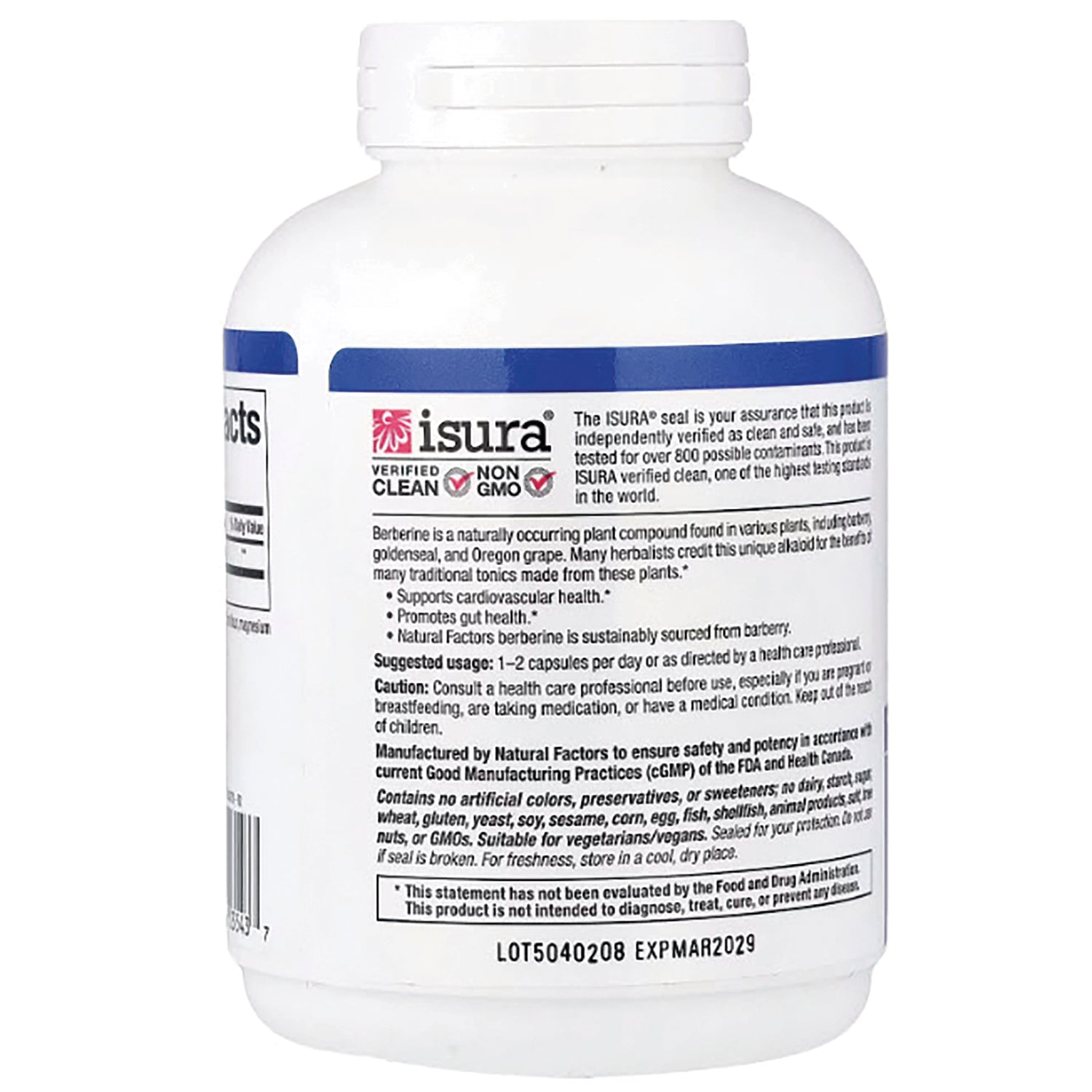 NFC212 | Back label of white supplement bottle showing ISURA seal, suggested usage, warnings, and ingredient text