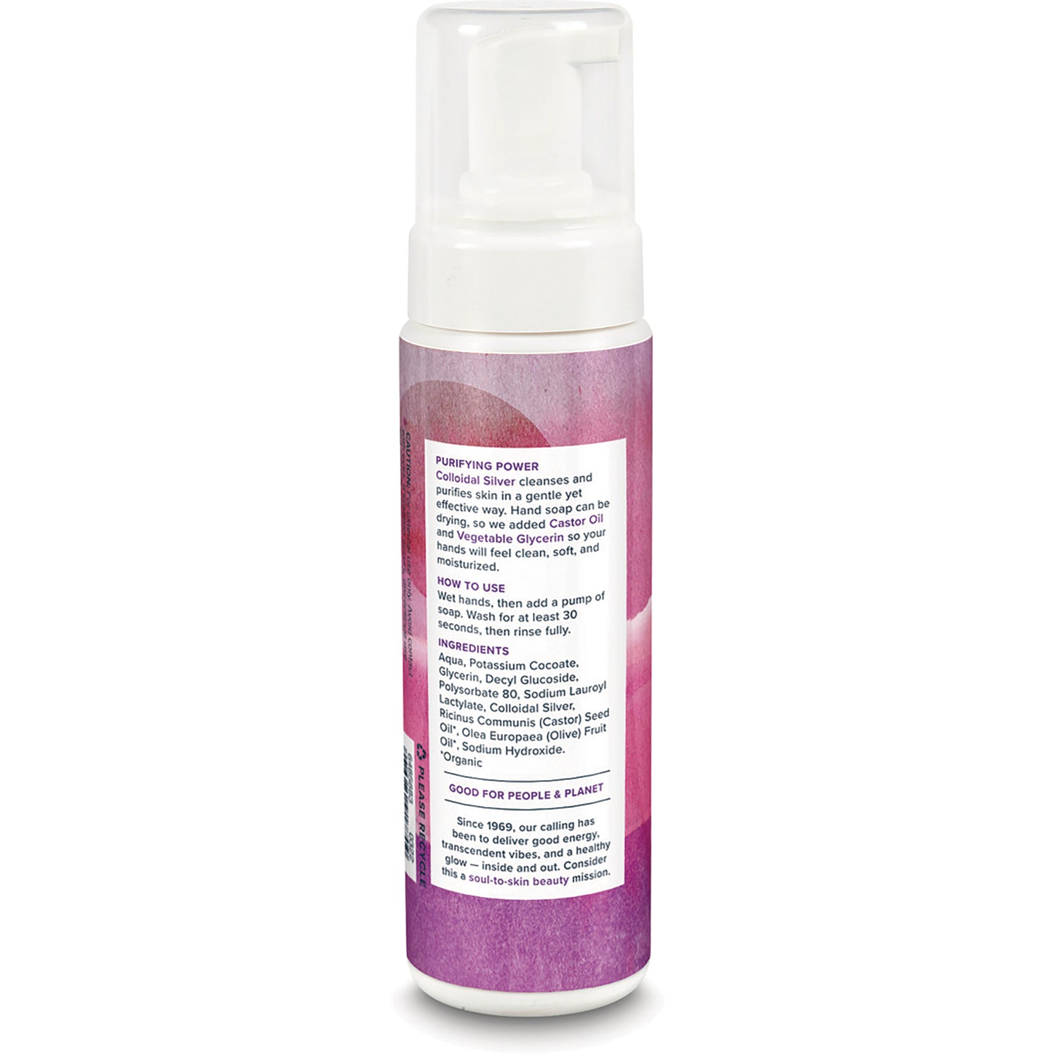 HTG019 | Back label of a foam pump bottle showing ingredients, how to use directions, and product claims