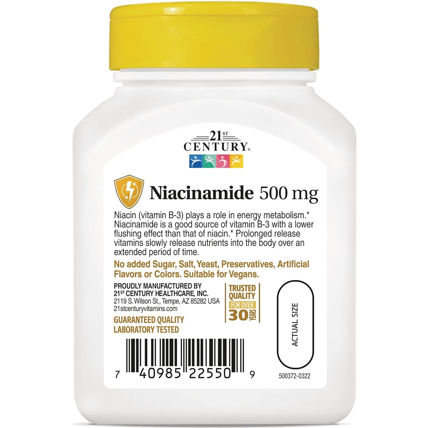 CNT109 | white supplement bottle with yellow cap labeled Niacinamide 500 mg showing product infographic and label text