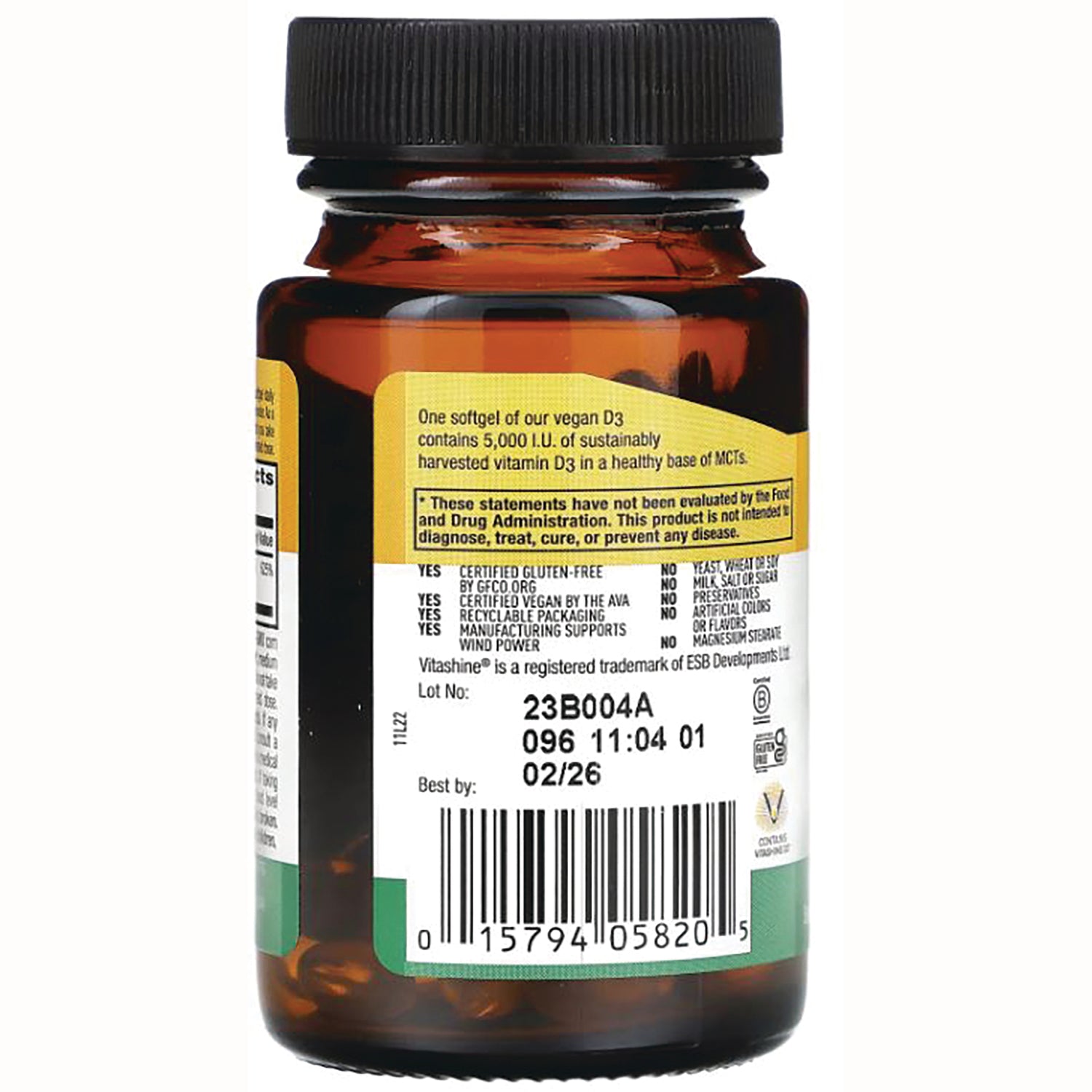 CRL591 | Amber supplement bottle back showing barcode, lot code, best by date and label text