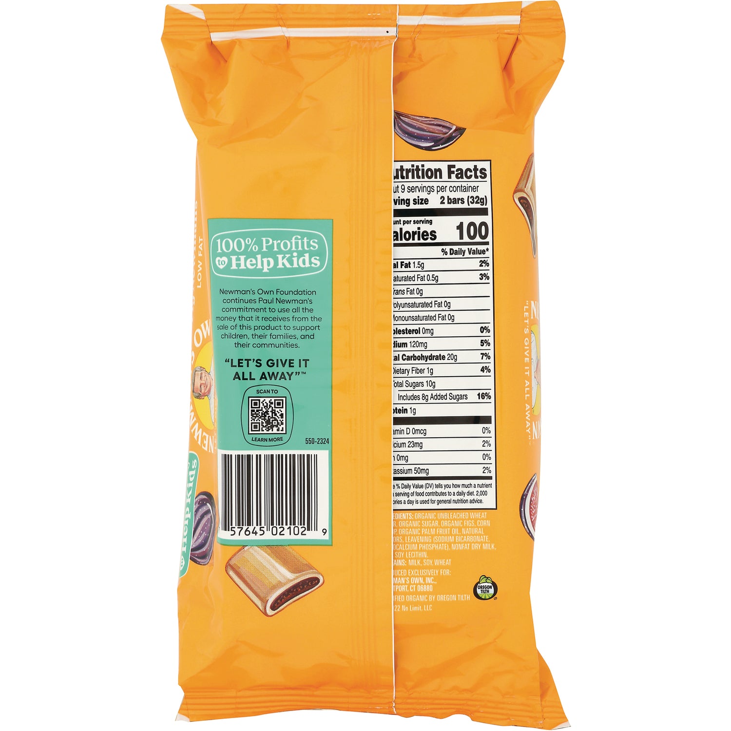 NWM029 | back of orange snack package with nutrition facts panel, barcode, and 100% Profits to Help Kids label