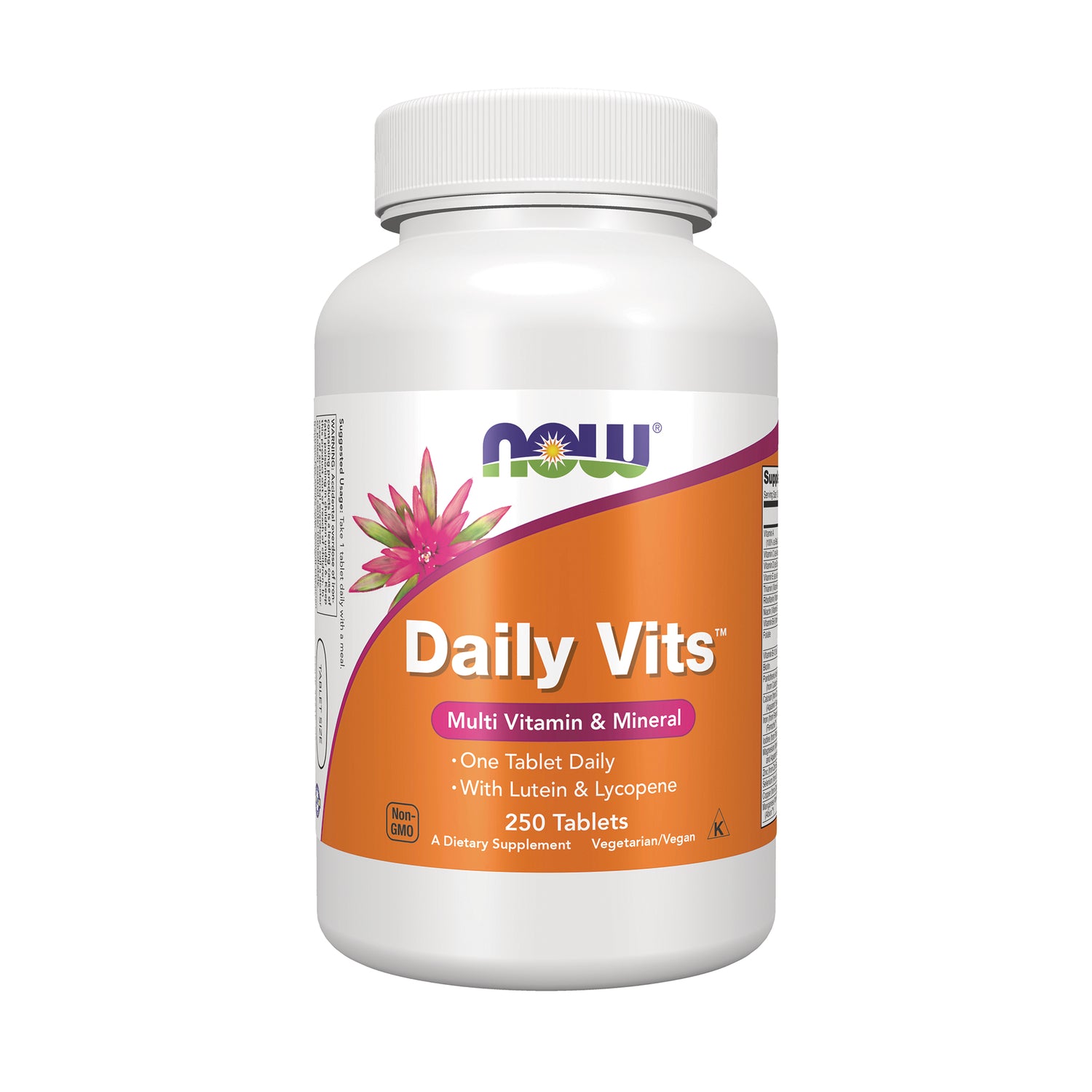 NWF669 | NOW Daily Vits multivitamin & mineral bottle with orange label reading Daily Vits and 250 Tablets