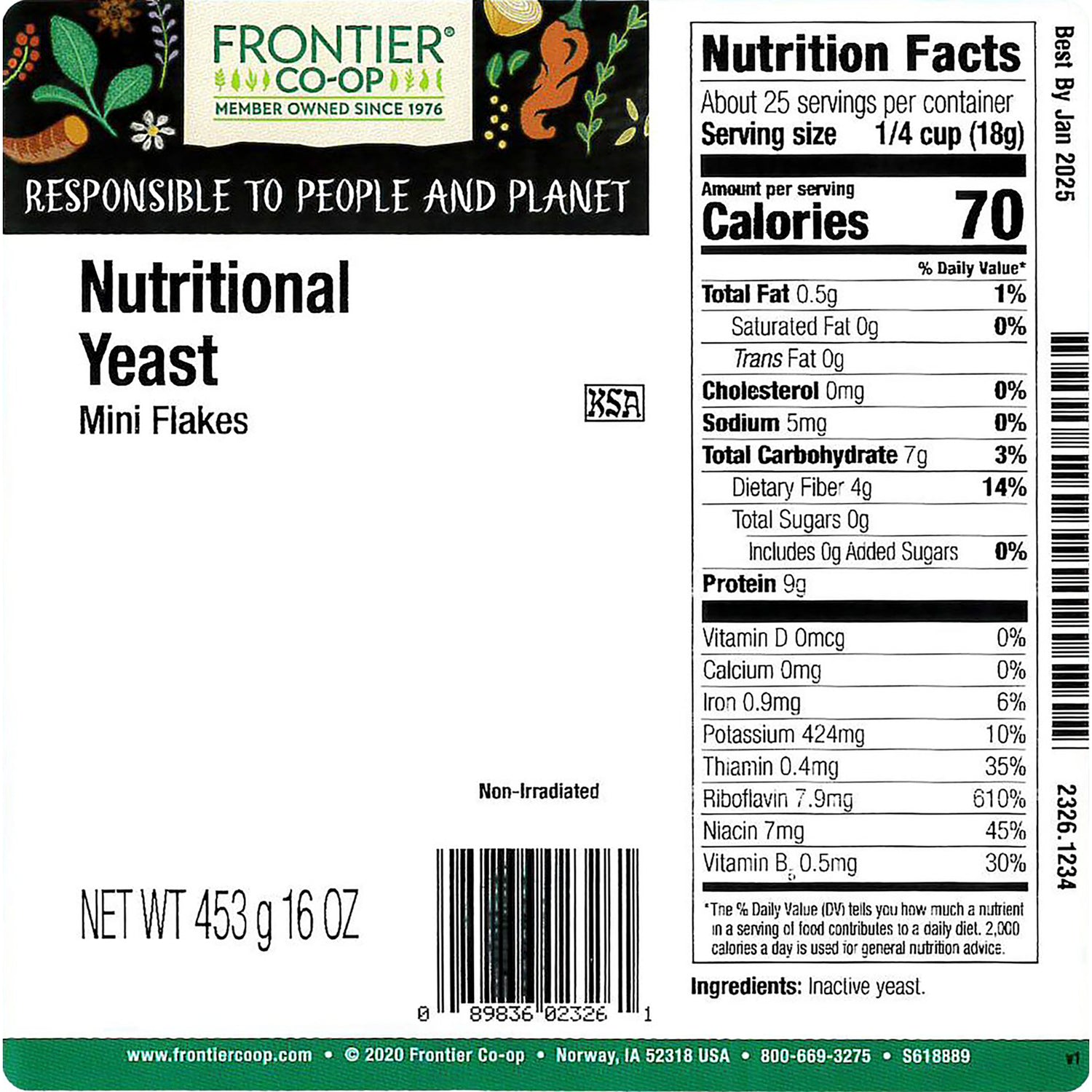 FNP021 | Back label showing Nutrition Facts panel and ingredients for Frontier Co-op Nutritional Yeast Mini Flakes, net wt 453 g