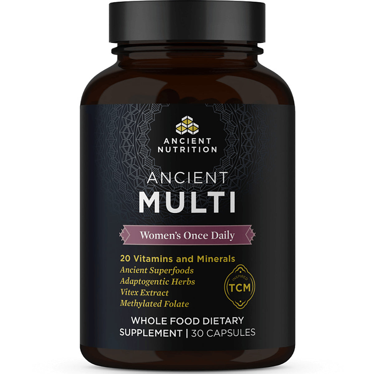 ATN058 | Bottle front label Ancient Nutrition ANCIENT MULTI Women's Once Daily whole food dietary supplement, 30 capsules
