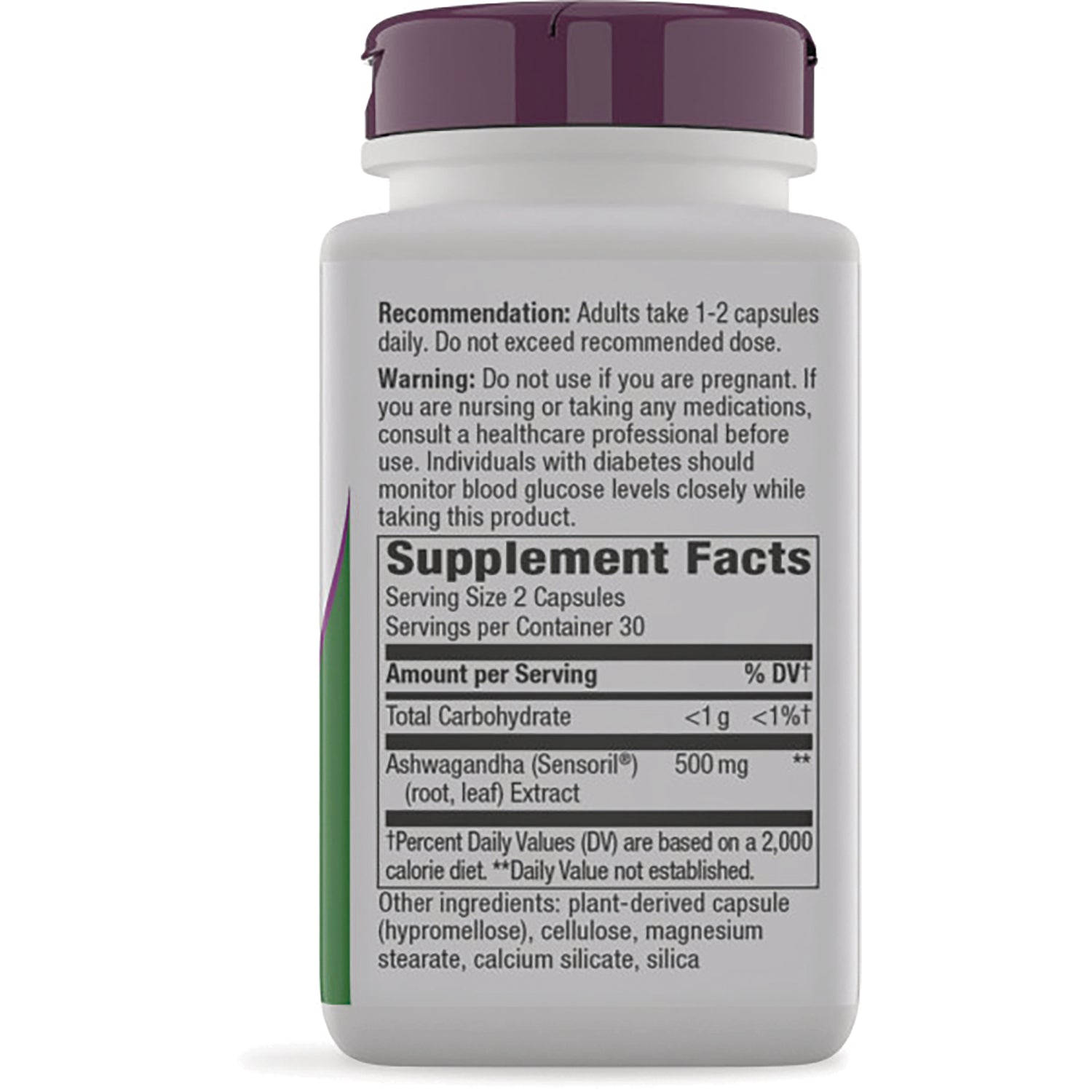 NW783 | back label showing Supplement Facts, serving size 2 capsules, Ashwagandha 500 mg and warnings