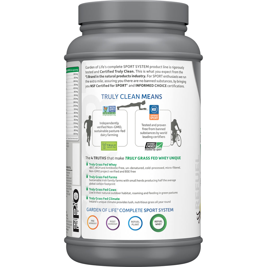 GLF230 | back label displaying TRULY CLEAN MEANS, certifications, four truths about truly grass fed whey and usage icons - Thumbnail