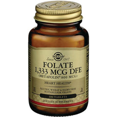 SLG330 | Amber glass bottle of Solgar Folate 1,333 MCG DFE dietary supplement, 100 tablets, gold cap