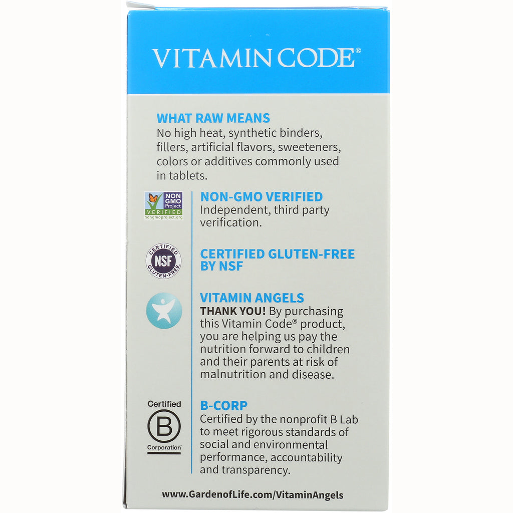 GLF051 | Back of Vitamin Code box showing Non-GMO, certified gluten-free, Vitamin Angels and B-Corp information - Thumbnail