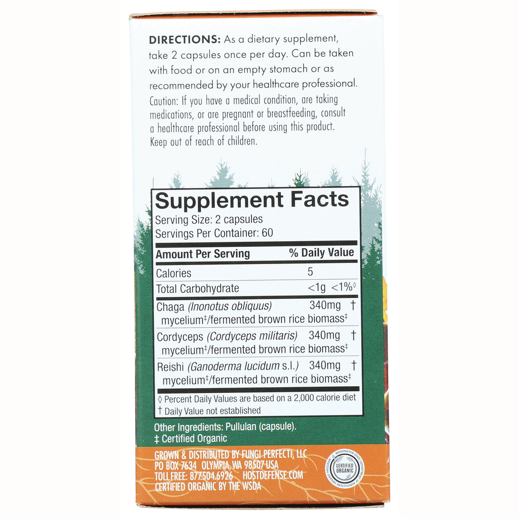FUN039 | back of supplement box with directions and Supplement Facts panel listing Chaga, Cordyceps, Reishi - Thumbnail
