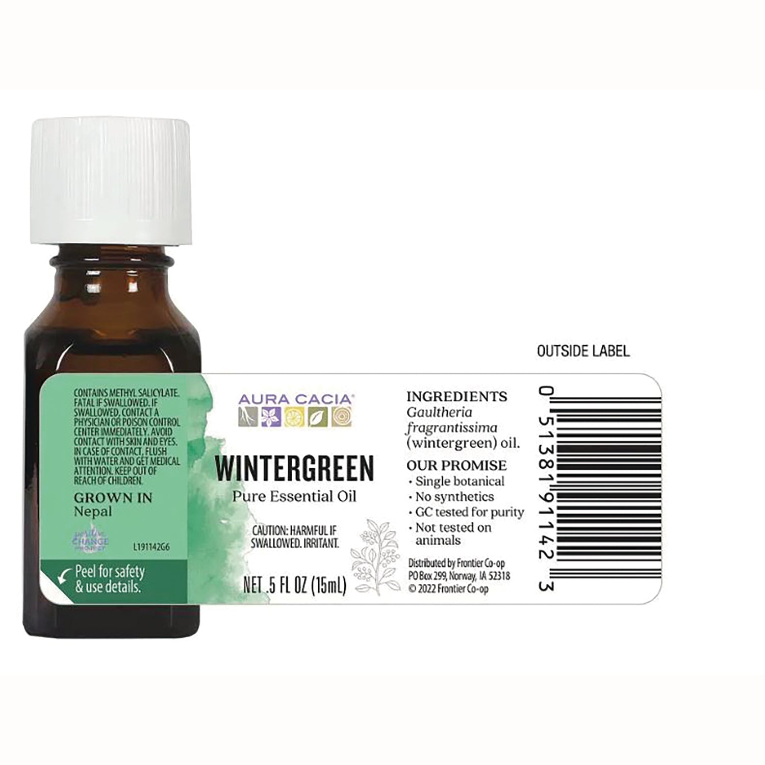 ARC043 | Back label of amber bottle: Wintergreen pure essential oil label showing ingredients, warnings and barcode, 0.5 fl oz