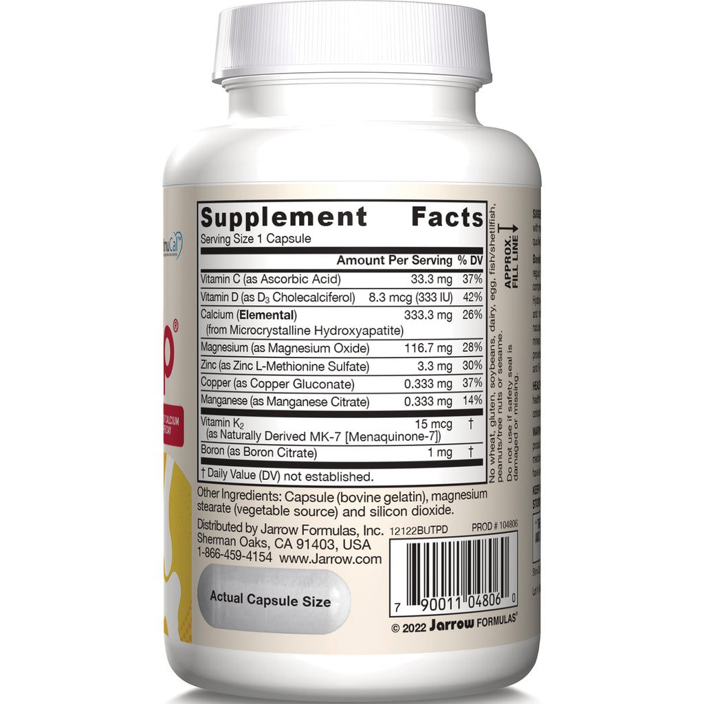 JR244 | Bottle back label showing supplement facts table, ingredient list, barcode and actual capsule size - Thumbnail