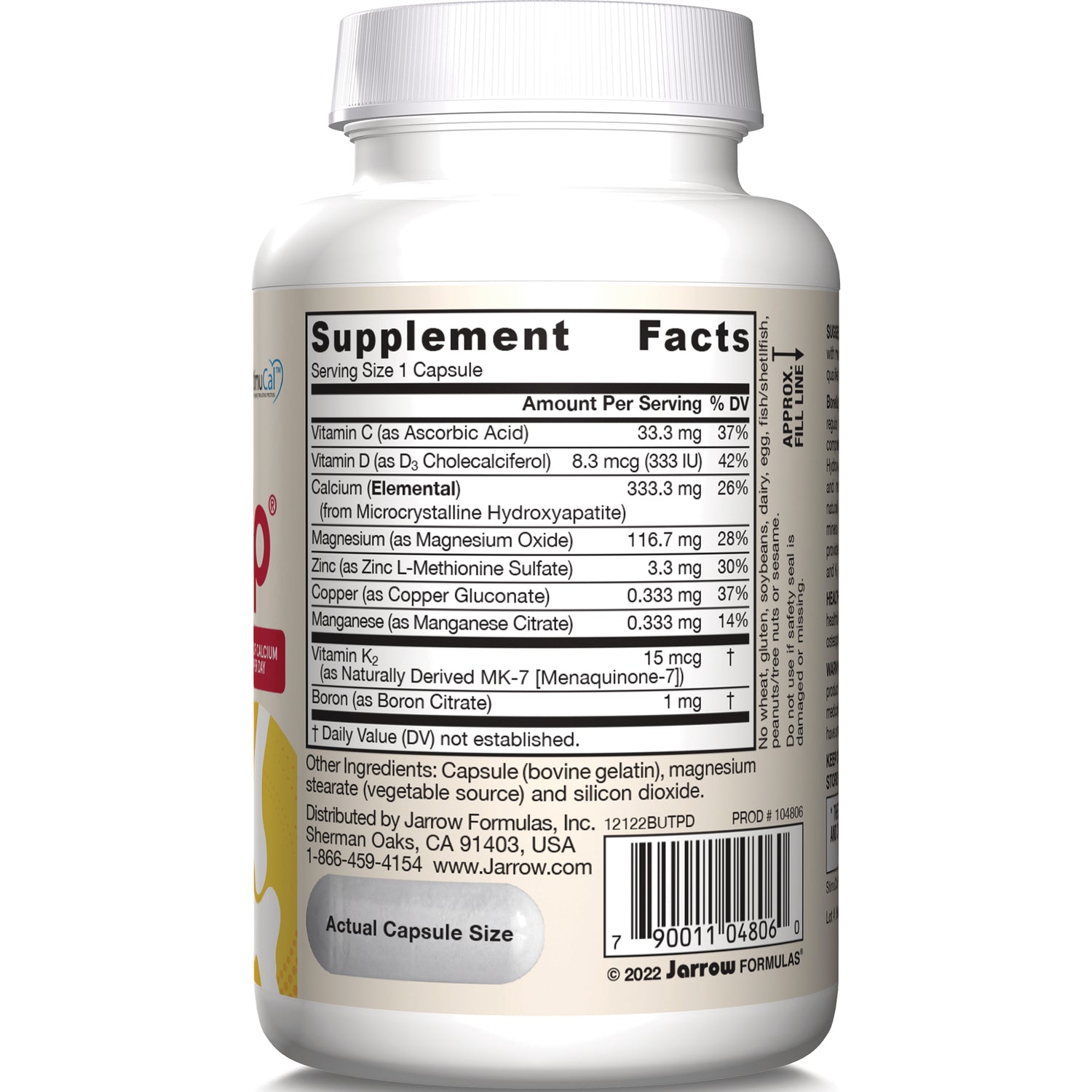 JR244 | Bottle back label showing supplement facts table, ingredient list, barcode and actual capsule size