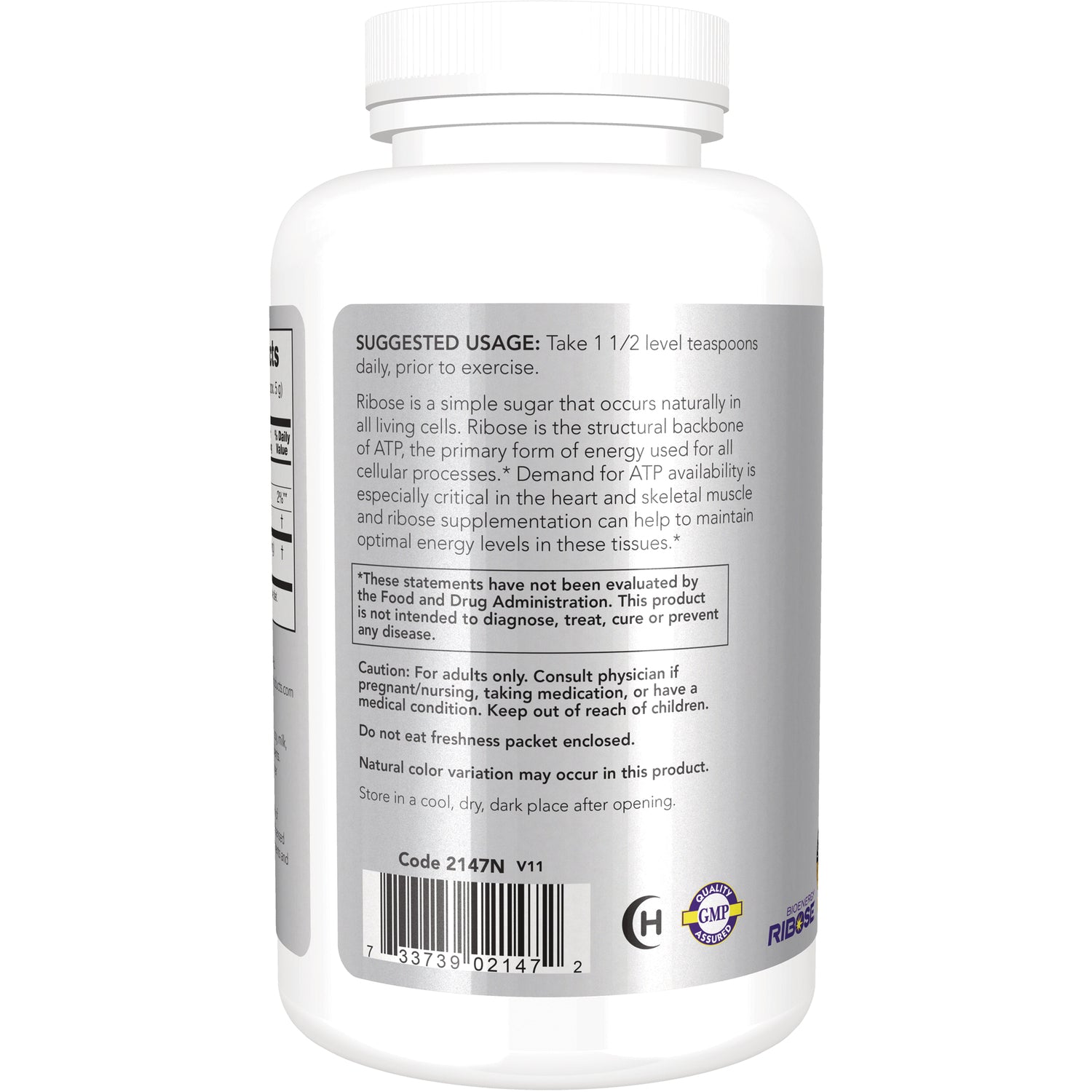 NWF220 | back label of white supplement bottle showing suggested usage, warnings, barcode and storage instructions