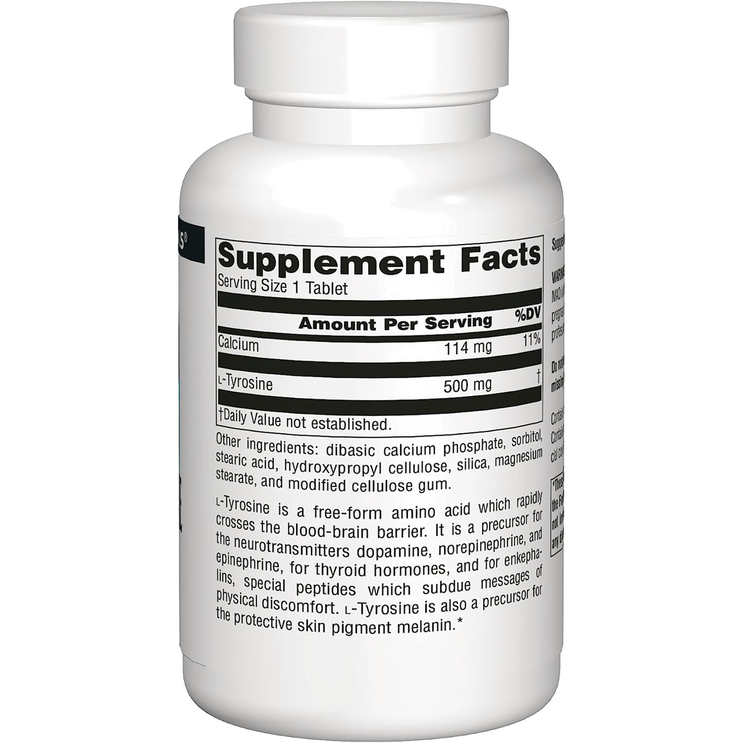 SN429 | Supplement Facts panel with serving size 1 tablet, calcium 114 mg and L-Tyrosine 500 mg